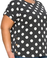 Coin 1804 Plus Polka Dot Double Knit Rolled Sleeve Side Button Top