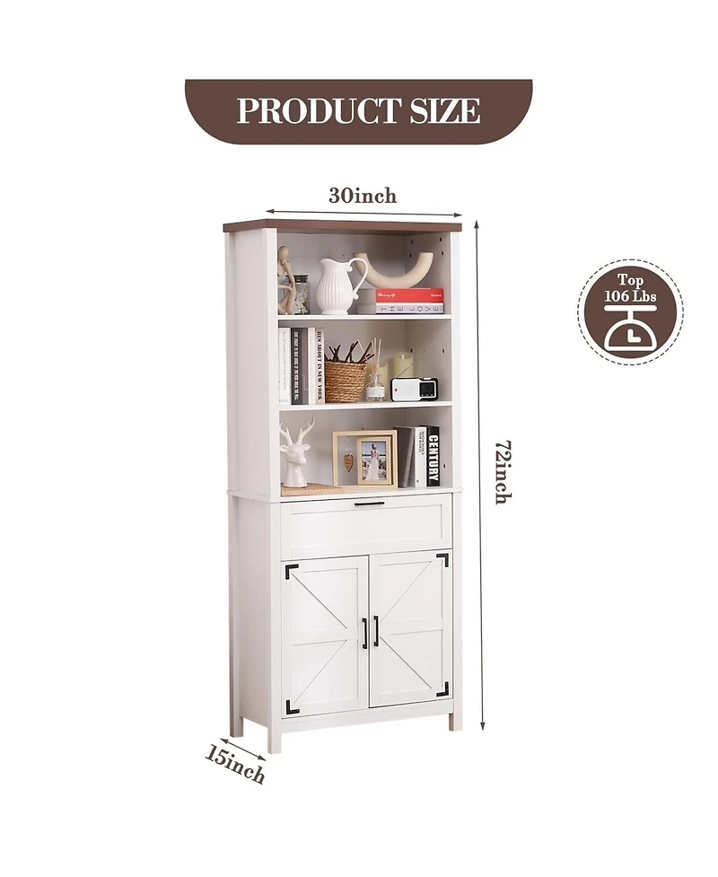 gaomon 72" Tall Farmhouse Bookshelf with Barn Doors – Freestanding Bookcase with Storage Cabinet, Adjustable Shelves, Wood Display Shelves