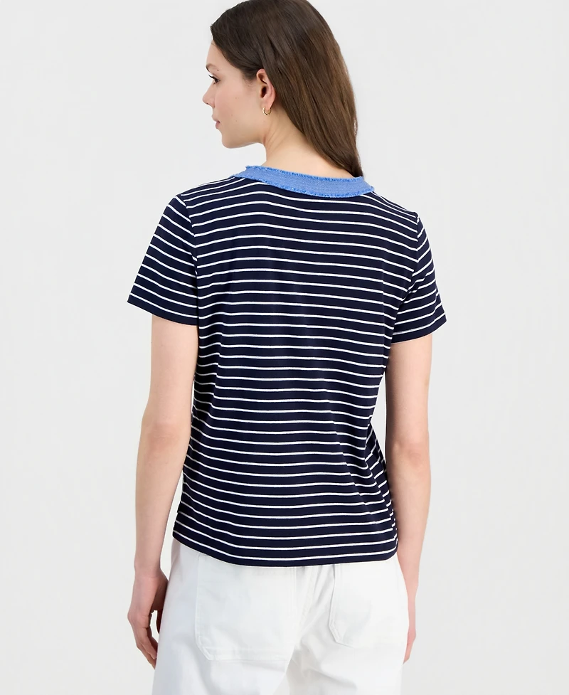 Nautica Women's Denim-Trim Striped Henley Short-Sleeve Top