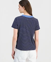 Nautica Women's Denim-Trim Striped Henley Short-Sleeve Top