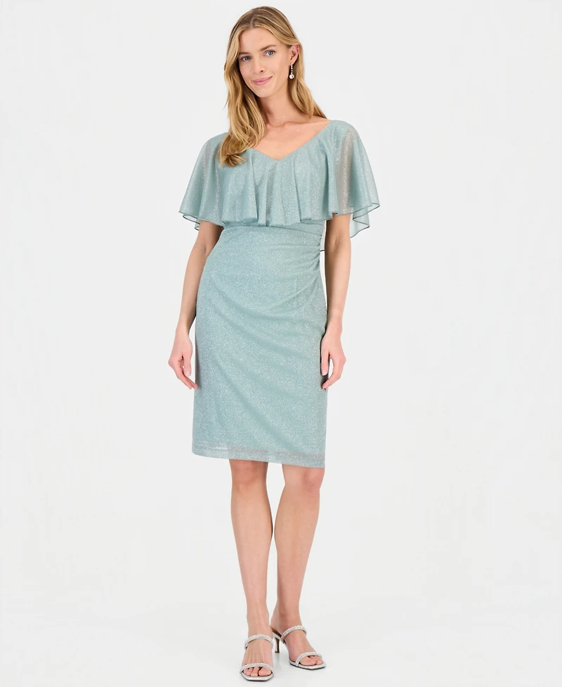 Connected Women's Cape-Overlay Glitter Sheath Dress