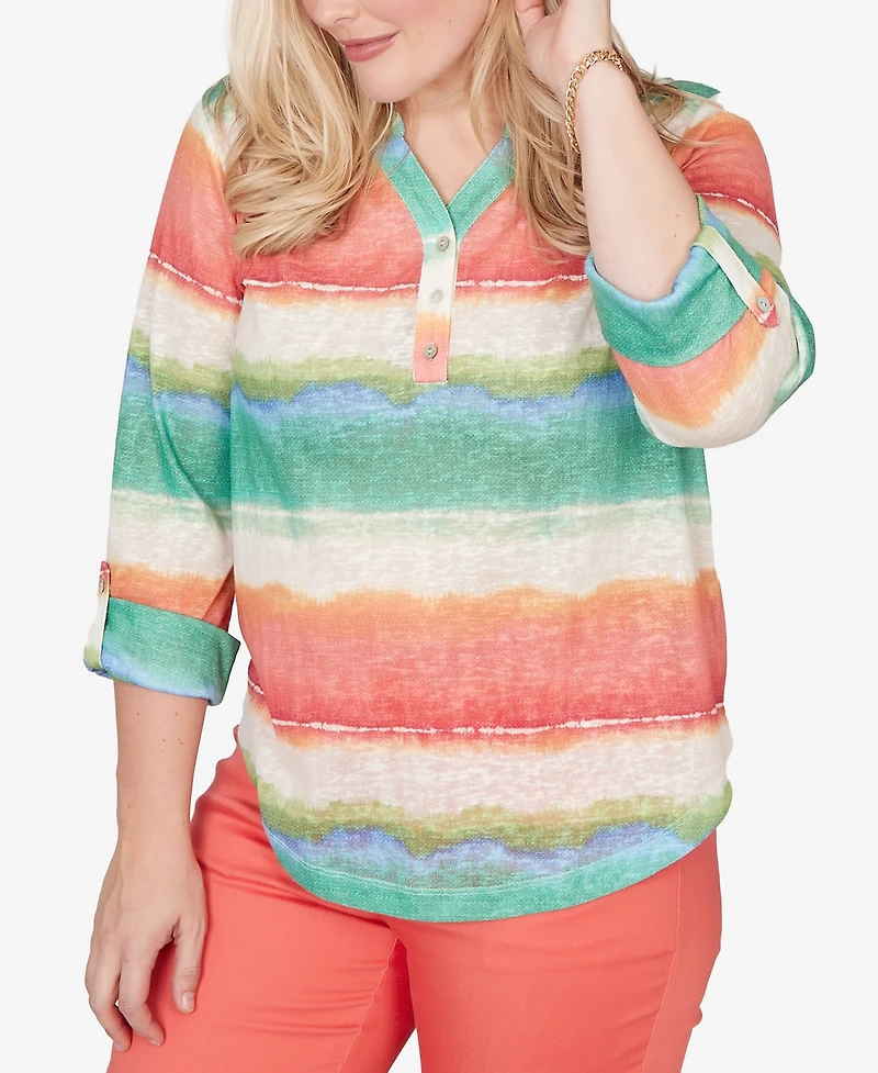 Alfred Dunner Petite Resort Living Biadere Tie Dye Stripe Henley Top