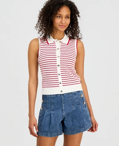 Nautica Women's Striped Sleeveless Pointelle Polo Sweater