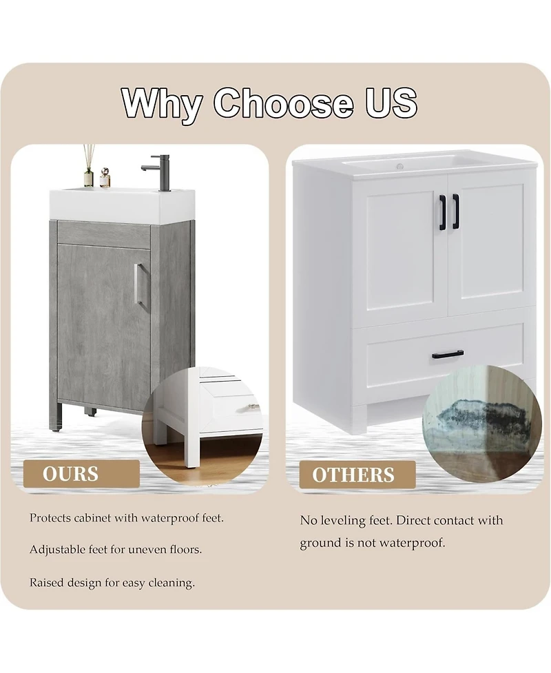 gaomon 16" Bathroom Vanity with Sink Freestanding Bathroom Sink Cabinet with 2 Soft-Closing Doors and Large Storage Drawer Wood Vanity Cabinet