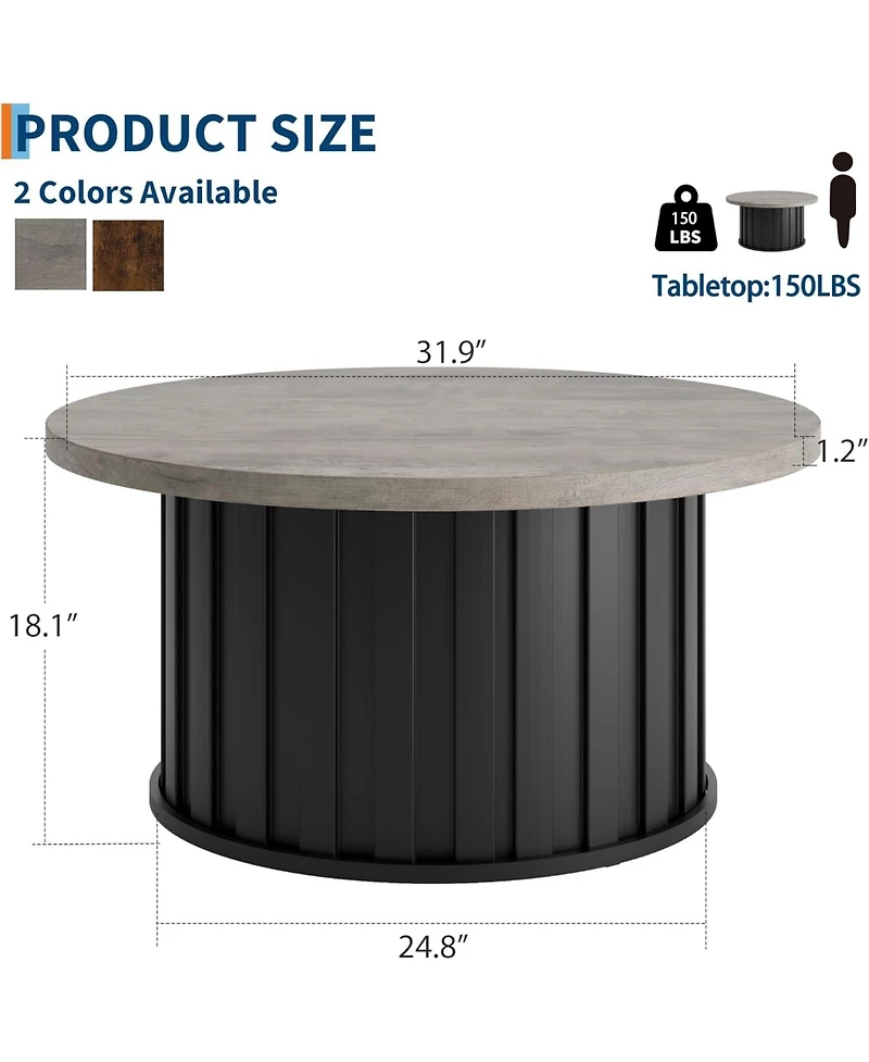 gaomon Round Coffee Table with Metal Base, Mid Century Modern Design, 319" Fluted Center