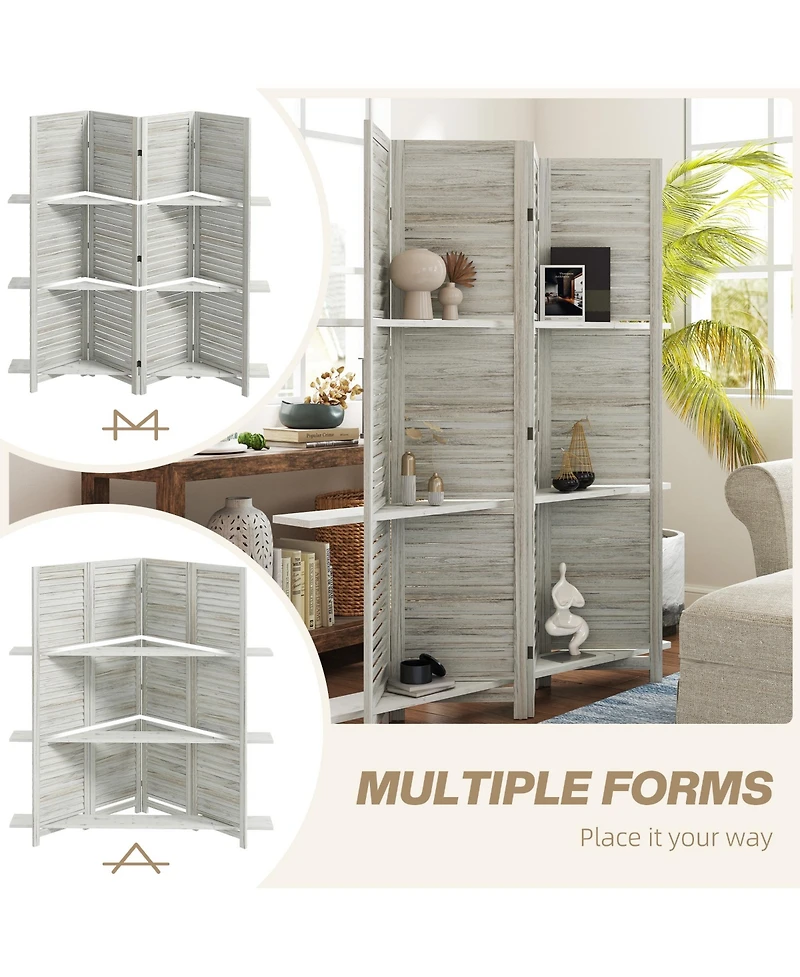 Homcom 4 Panel Privacy Screen, Room Divider with 3 Shelves