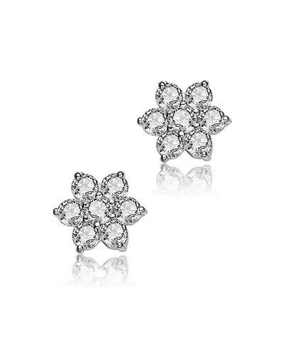 Sterling Silver Clear Round Cubic Zirconias Flower Shape Earrings
