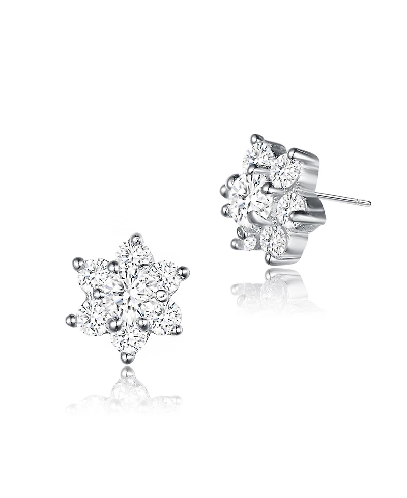 Sterling Silver Clear Round Cubic Zirconias Flower Shape Earrings