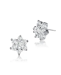Sterling Silver Clear Round Cubic Zirconias Flower Shape Earrings