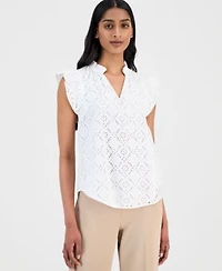 Anne Klein Womens Cotton Eyelet Flutter Sleeve Top