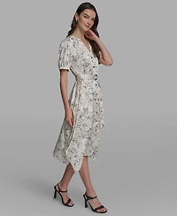 Karl Lagerfeld Paris Women's Printed Puff-Sleeve Tie-Waist Belt Midi Dress