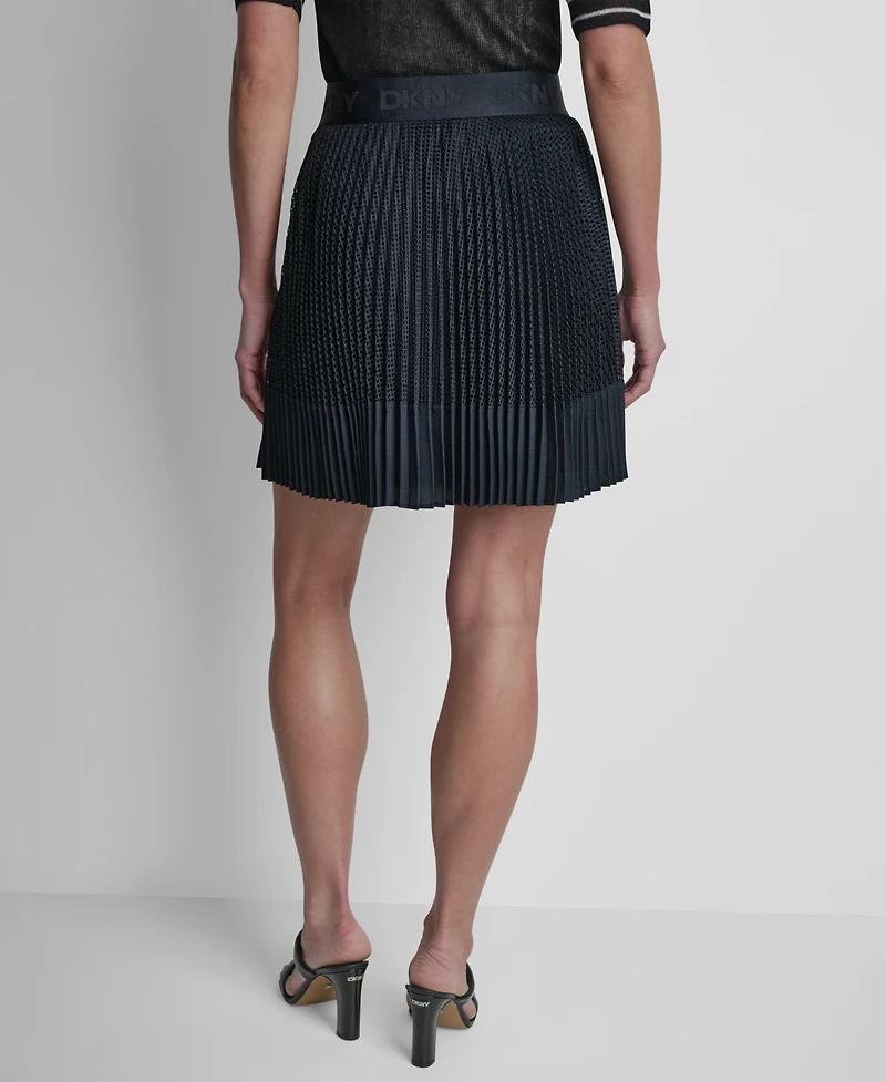 Dkny Women's Logo-Waist Mixed-Media Pleated-Hem Skirt
