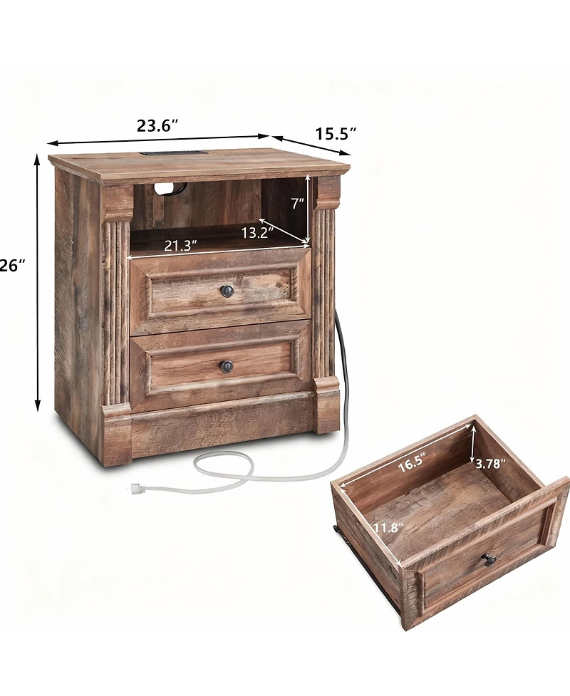Yigii Farmhouse Nightstand with Charging Station and Storage