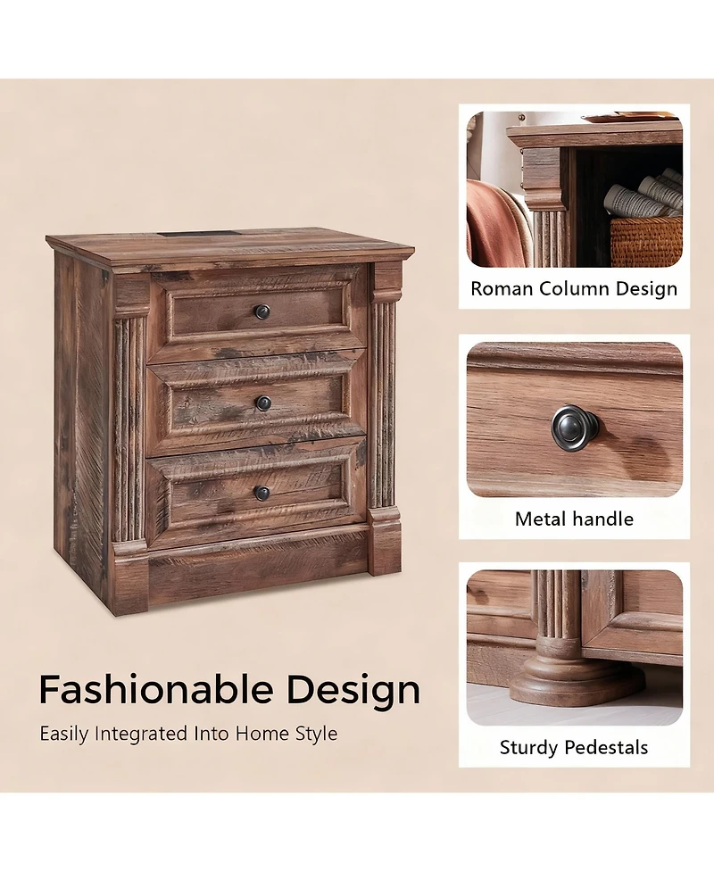 Yigii Farmhouse Nightstand with Charging Station and Roman Columns