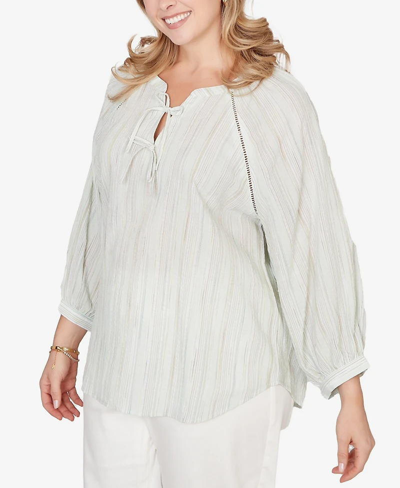 Ruby Rd. Plus Crinkle Stripe Tie Front Peasant Top