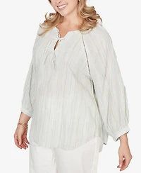 Ruby Rd. Plus Crinkle Stripe Tie Front Peasant Top