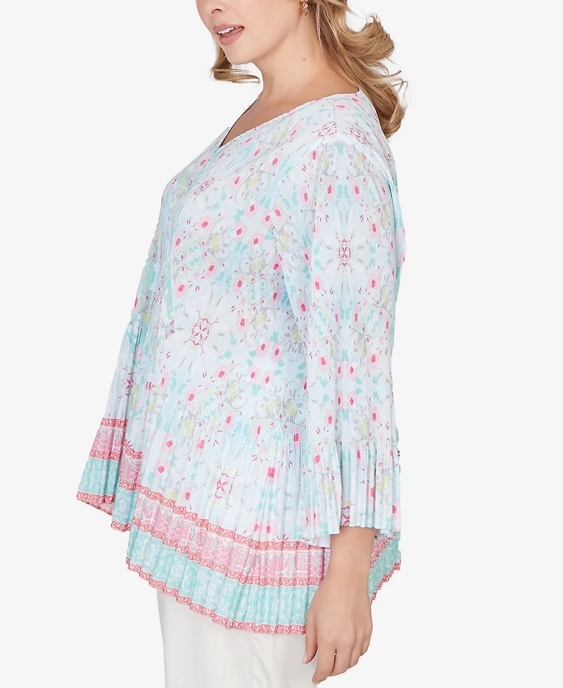 Ruby Rd. Plus Pleated Tapestry Print Bell Sleeve Blouse