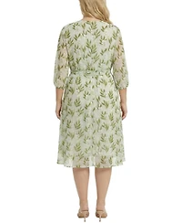Ny Collection Plus Size 3/4 Sleeve V Neck Belted Chiffon Dress