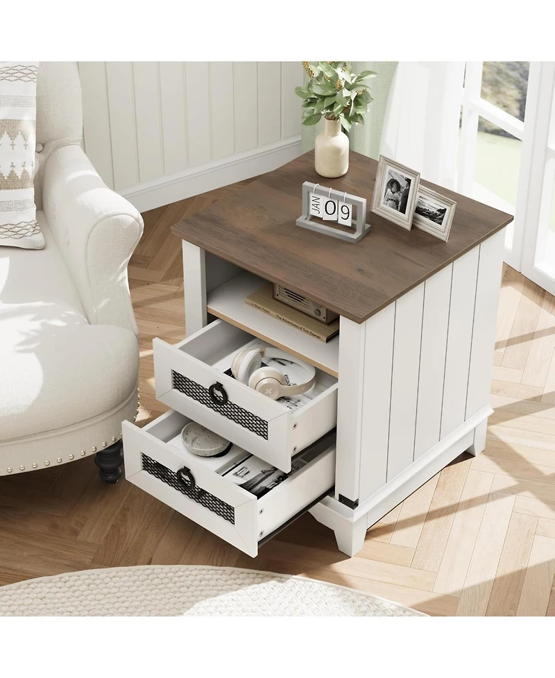 gaomon Industrial Farmhouse End Table with Charging Station, 2 Drawer Bedside Nightstand with Open Cubby