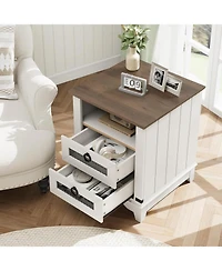 gaomon Industrial Farmhouse End Table with Charging Station, 2 Drawer Bedside Nightstand with Open Cubby