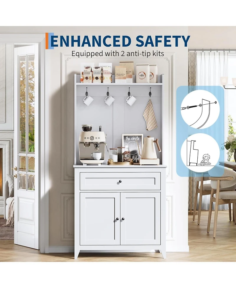 gaomon 63" Pantry Cabinet, Kitchen Storage with Charging Station, Coffee Bar Table with Drawer