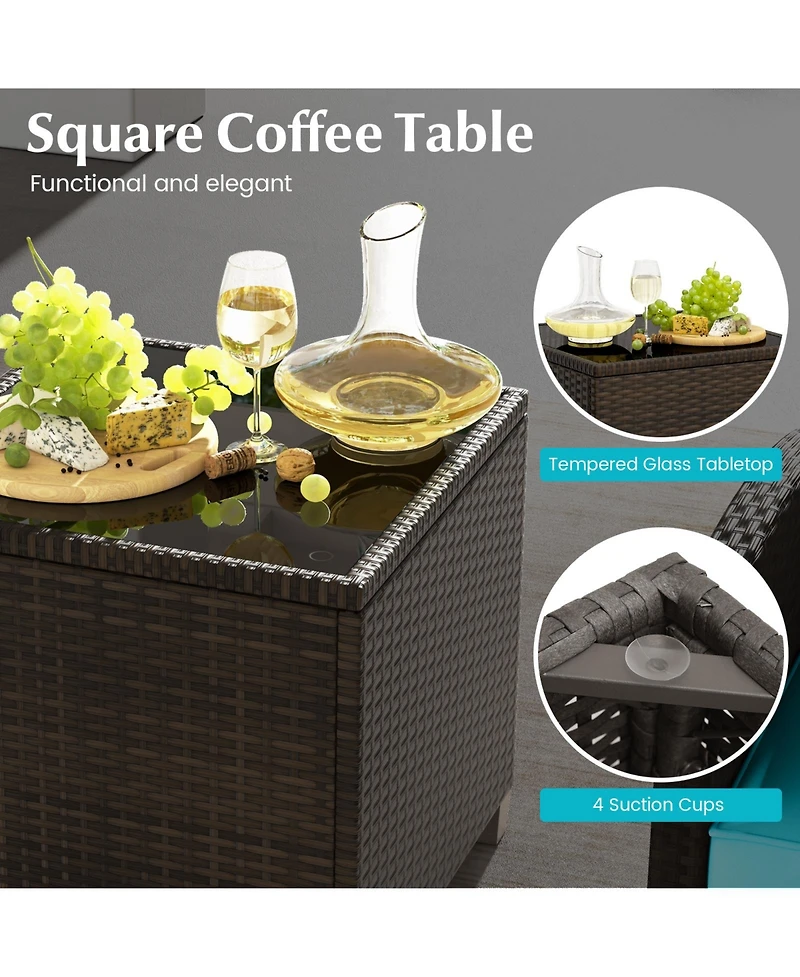 Gymax Set of 5 Patio Rattan Furniture w/ 2 Wicker Ottomans & Tempered Glass Coffee Table