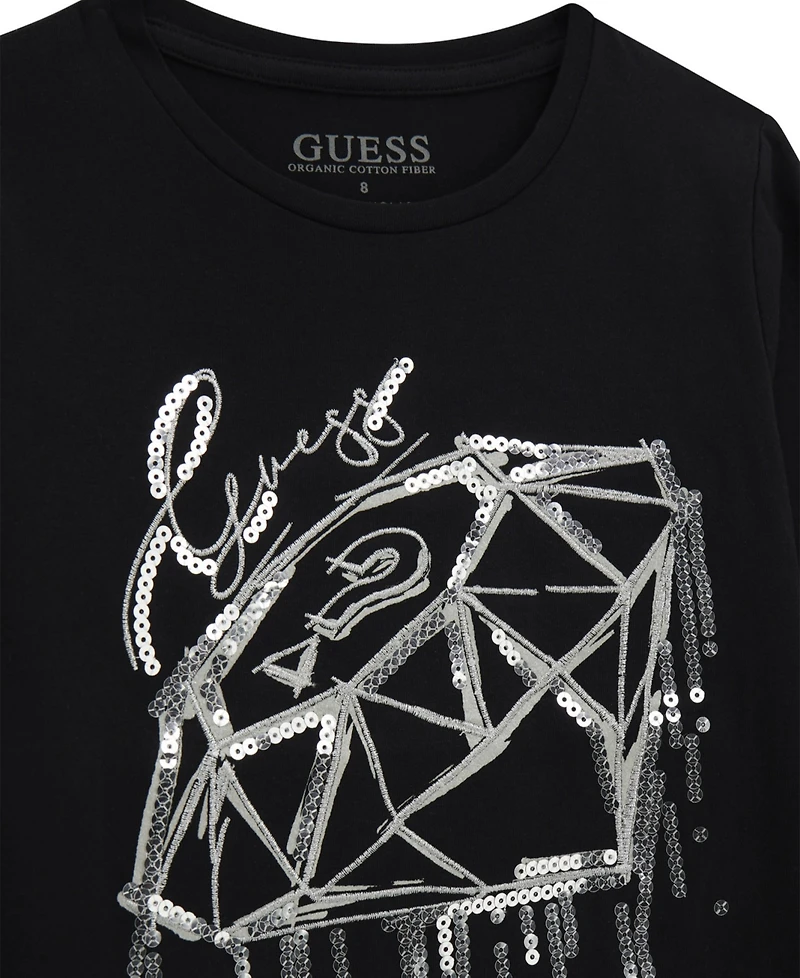 Guess Girls' 7-16 Long-Sleeve Rhinestone-Embellished Logo T-Shirt