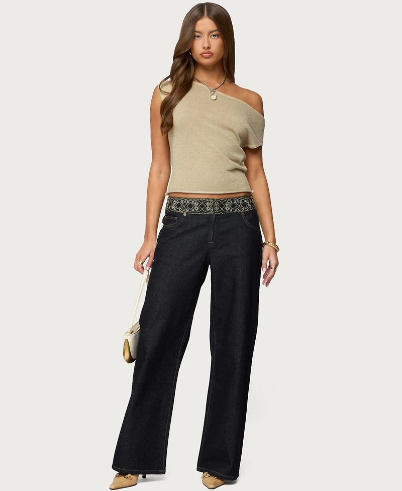 Edikted Women's Carlie Embroidered Low Rise Wide Leg Jeans