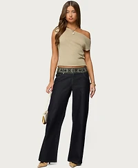 Edikted Women's Carlie Embroidered Low Rise Wide Leg Jeans