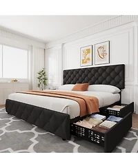 Gaomon King Size Bed Frame with 4 Storage Drawers, Linen Upholstered Platform Bed Frame with Adjustable Headboard