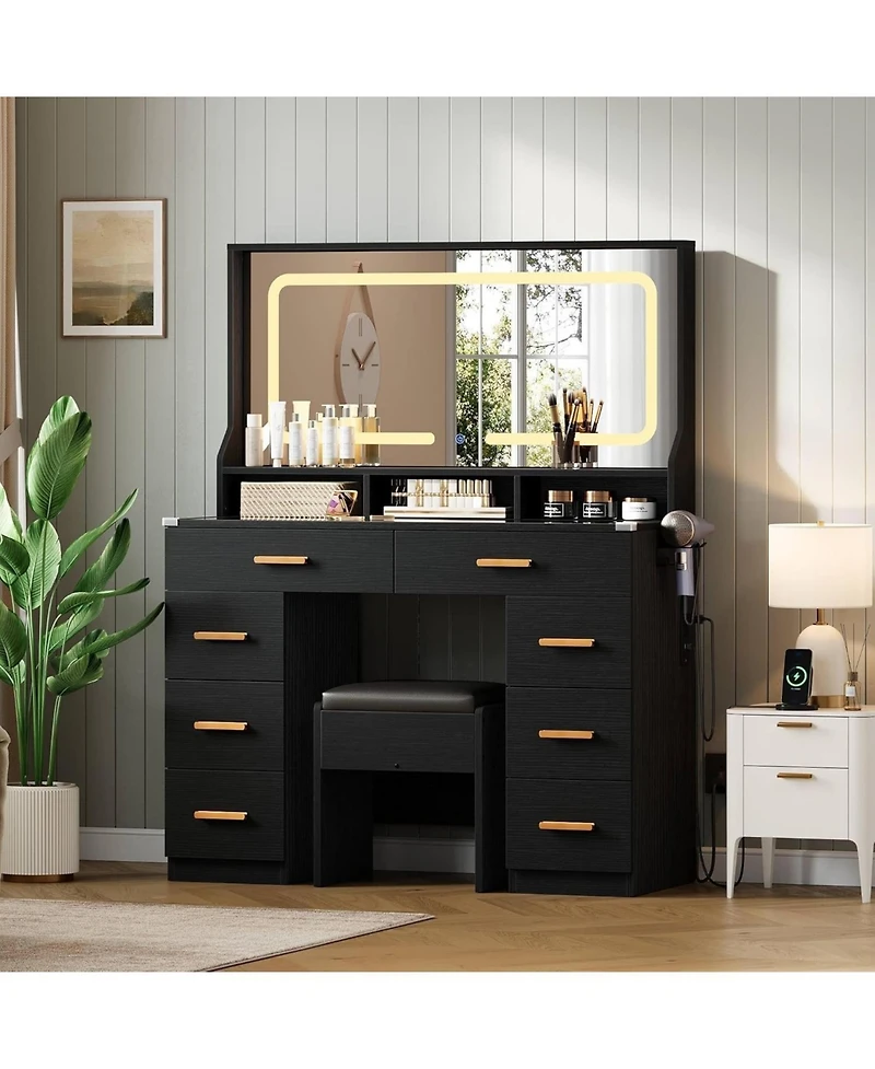 gaomon 42" Led Makeup Vanity Desk with Large Mirror, 8 Drawers & Charging Station, Modern Dressing Table Glass Top, Storage Stool