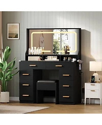 gaomon 42" Led Makeup Vanity Desk with Large Mirror, 8 Drawers & Charging Station, Modern Dressing Table Glass Top, Storage Stool