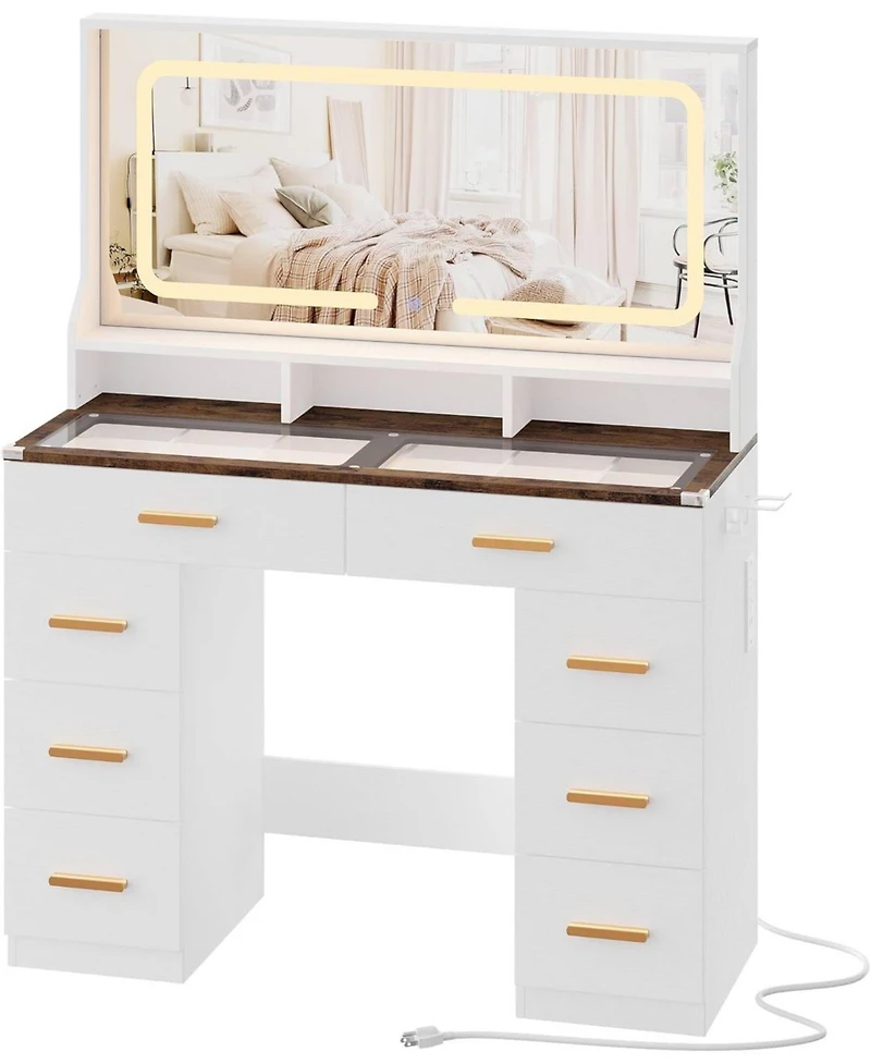 gaomon 42" Led Makeup Vanity Desk with Large Mirror, 8 Drawers & Charging Station, Modern Dressing Table Glass Top, Storage Stool