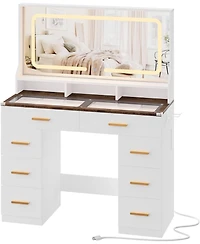gaomon 42" Led Makeup Vanity Desk with Large Mirror, 8 Drawers & Charging Station, Modern Dressing Table Glass Top, Storage Stool