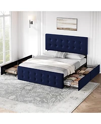 gaomon Full Size Bed Frame with 4 Storage Drawers and Headboard, Velvet Upholstered Platform Bed Frame with Wooden Slats Support