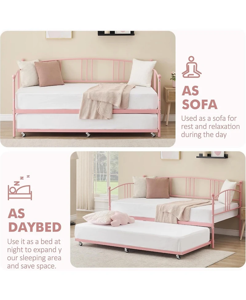 gaomon Twin Metal Daybed with Pullout Trundle, 6 Casters, Steel Slat Support Sofa Bed, No Box Spring Needed, Pink Daybed for Living Room, Bedroom