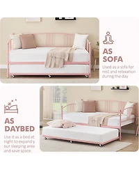 gaomon Twin Metal Daybed with Pullout Trundle, 6 Casters, Steel Slat Support Sofa Bed, No Box Spring Needed, Pink Daybed for Living Room, Bedroom
