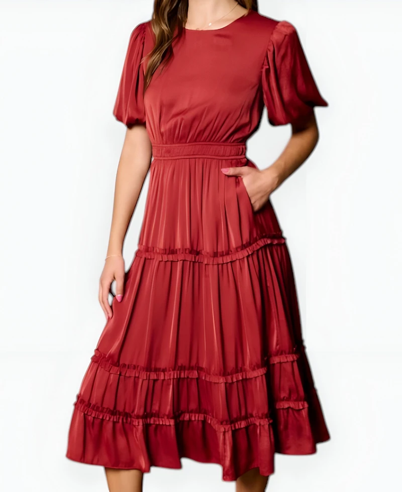 Modenaire Women's Tiered Puff Sleeve Midi Dress