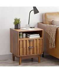 Yigii Fluted Pattern Modern Nightstand with 2 Drawers & Open Shelf