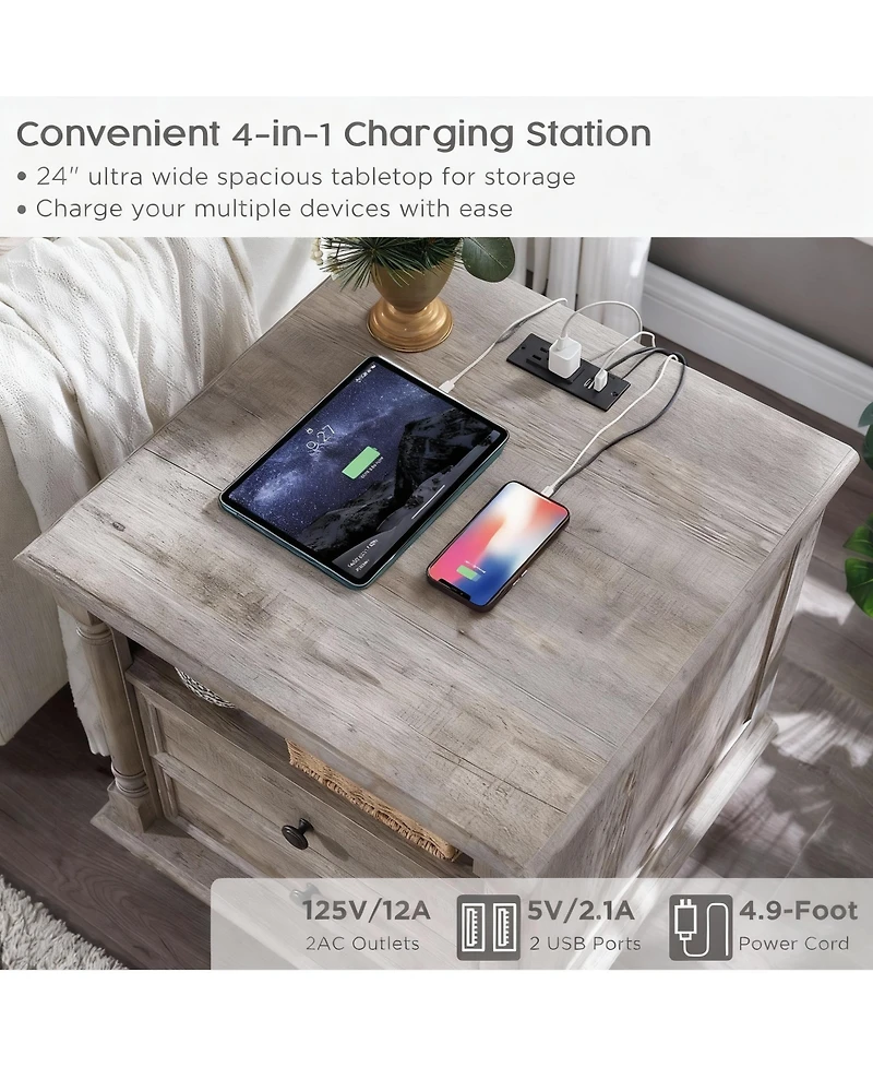 Yigii 24" Rustic Square Nightstand with Charging Station for Bedroom/Living Room