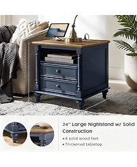 Yigii 24" Rustic Square Nightstand with Charging Station for Bedroom/Living Room