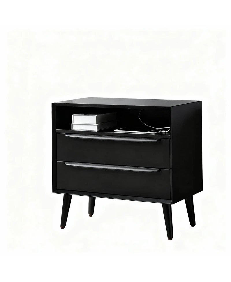 Yigii Mid-Century Modern 2-Drawer & Open Shelf End Table with Charging