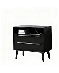 Yigii Mid-Century Modern 2-Drawer & Open Shelf End Table with Charging