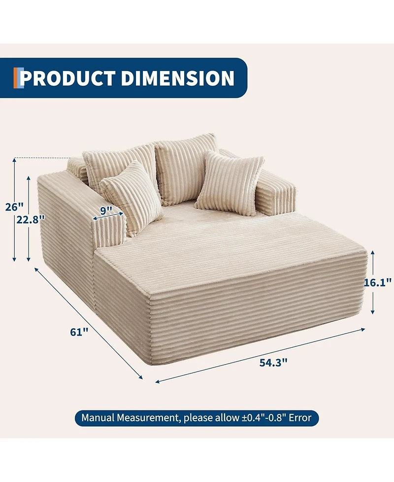 gaomon Oversized Chaise Lounge Chair 54 61" Indoor Corduroy Cloud Boneless Single Couch Sofa with 4 Pillows Armrests & Deep Seat No Assembly