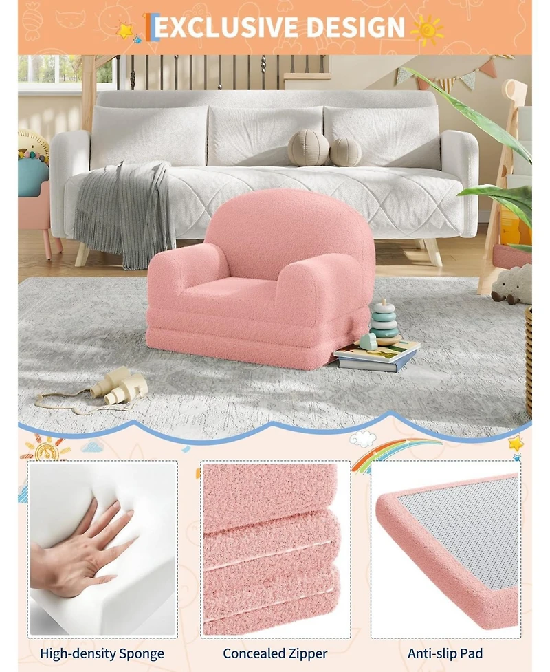 gaomon Kids Couch, 2-in-1 Convertible Teddy Fleece Fabric Toddler Sofa Chair, Soft Fold Out Couch Lounger for Kids, Comfy Children's Sofa Bed