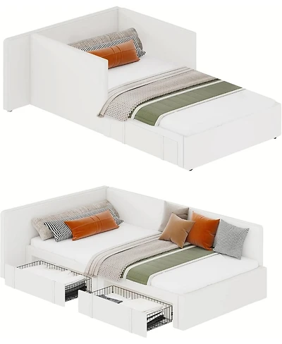 gaomon Twin daybed with 2 Storage Drawers, Corner Bed Frame with Extended headboard and Bed Rails