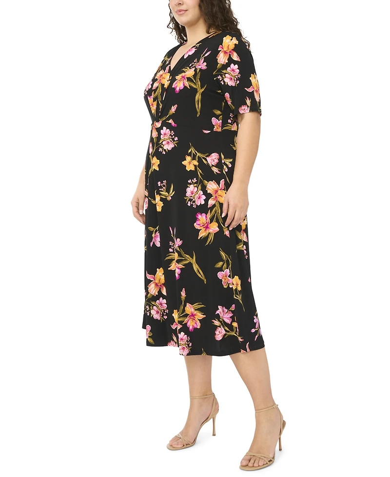 Msk Plus Size V-Neck Printed Midi Dress