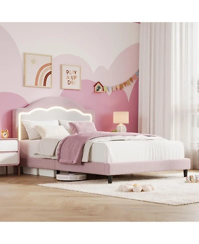 gaomon Bed Frame with Adjustable Headboard, Sherpa Fleece Upholstered Platform Bed Frame with Led Lights, 750 Lb Capacity, Wooden Slats Support