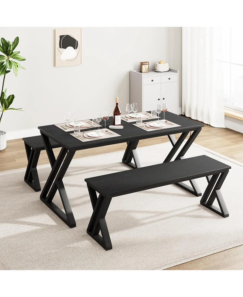 gaomon 3-Piece Dining Table Set for 4 Dining Table Set with Bench Wood Kitchen Table Set with Metal Frame Dining Room Dinette Sets.