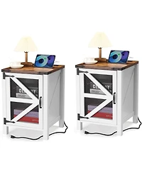 gaomon 18" Farmhouse Nightstand with Usb Station, Rustic Bedside Table with Barn Door and Storage Shelf for Bedroom, Industrial End Table for Liv